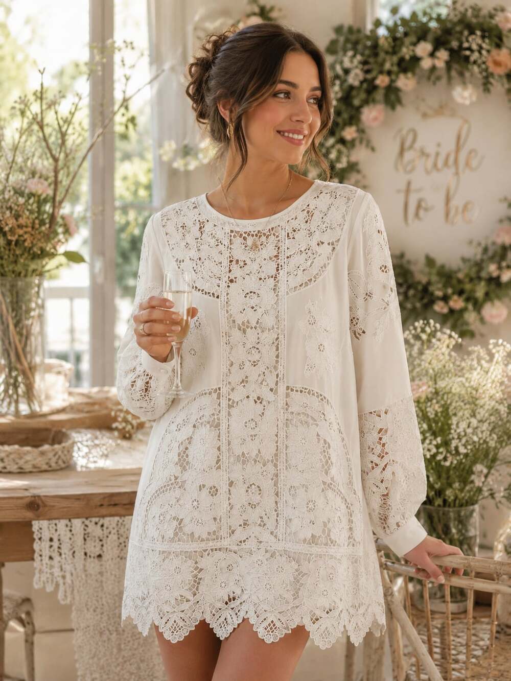 Florence by Florence New York White Lace Embroidered Tunic Dress M29 Boho Bridal